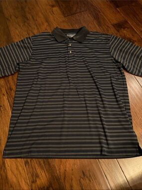 Pebble Beach Black Polo with Thin Blue and Gray Stripes